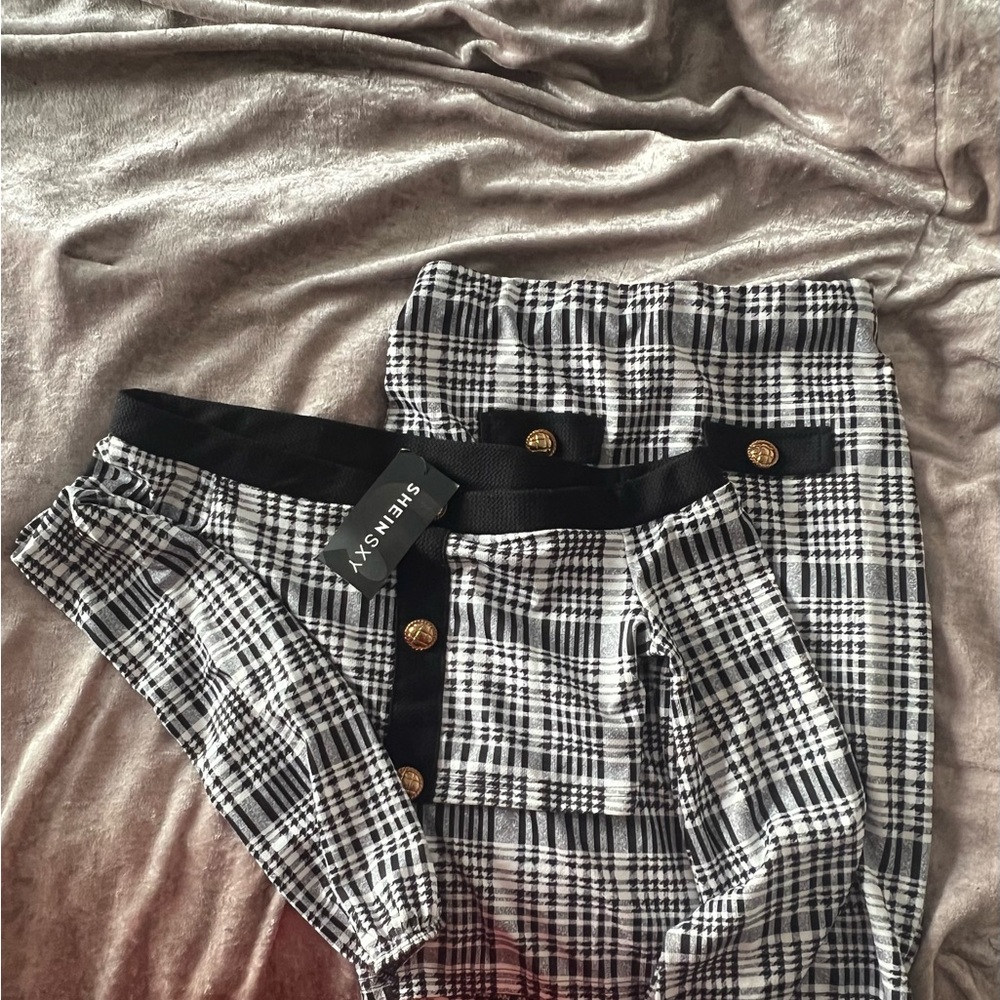 Black and White Plaid Skirt with Gold Buttons